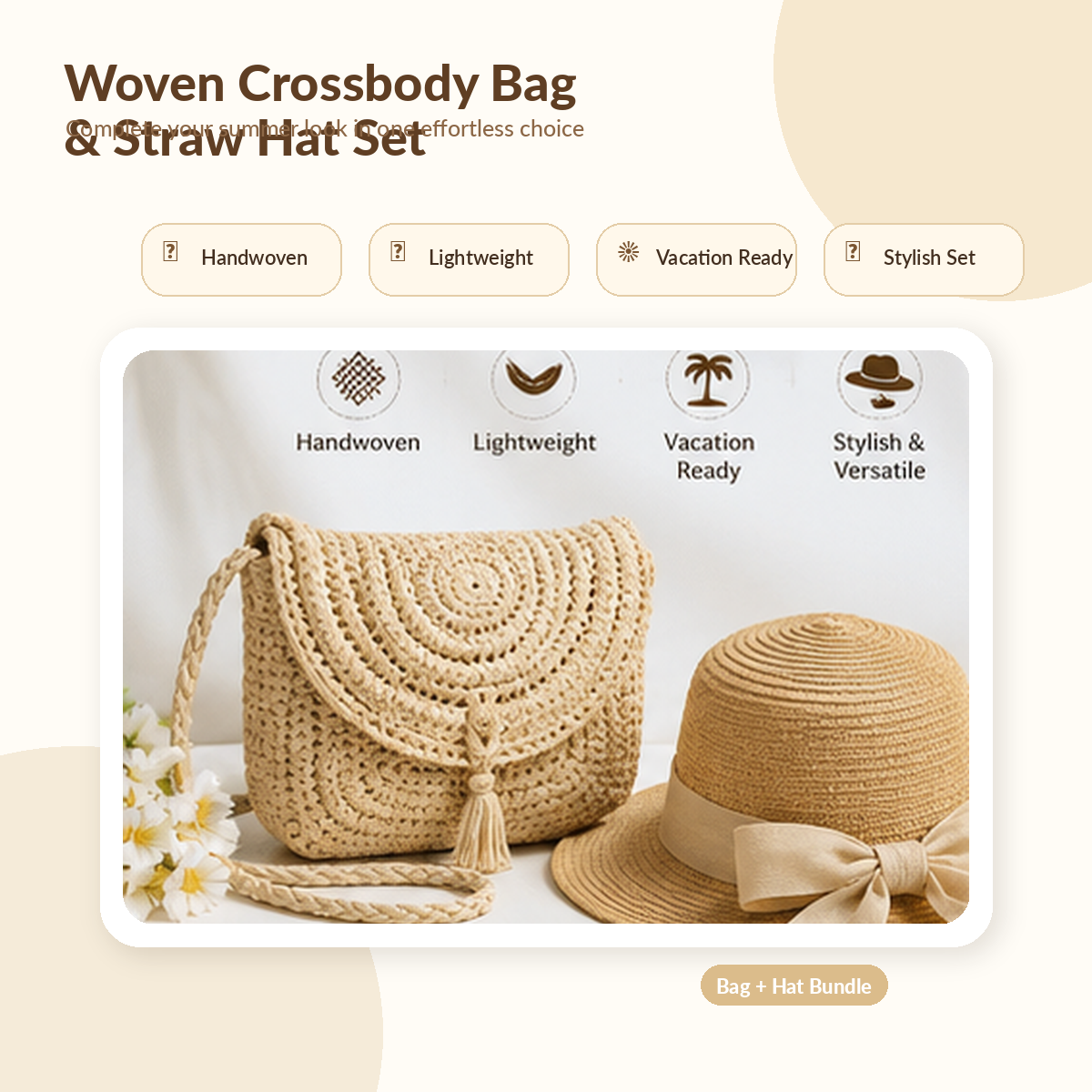 👜 LIMITED-TIME 50% OFF! ✨ Woven Crossbody Bag & Straw Hat Summer Set✨