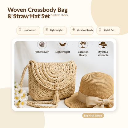 👜 LIMITED-TIME 50% OFF! ✨ Woven Crossbody Bag & Straw Hat Summer Set✨