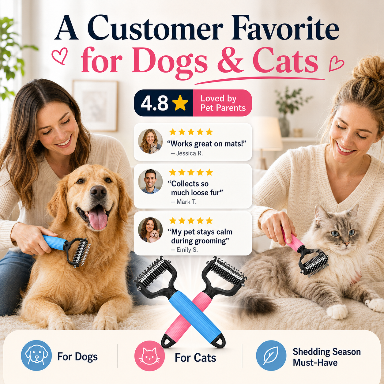 🔥 Vigorcurve® Dual-Sided Pet Grooming Rake 🐾Gentle De-Shedding & Detangling Comb for Dogs🐶 & Cats🐱2