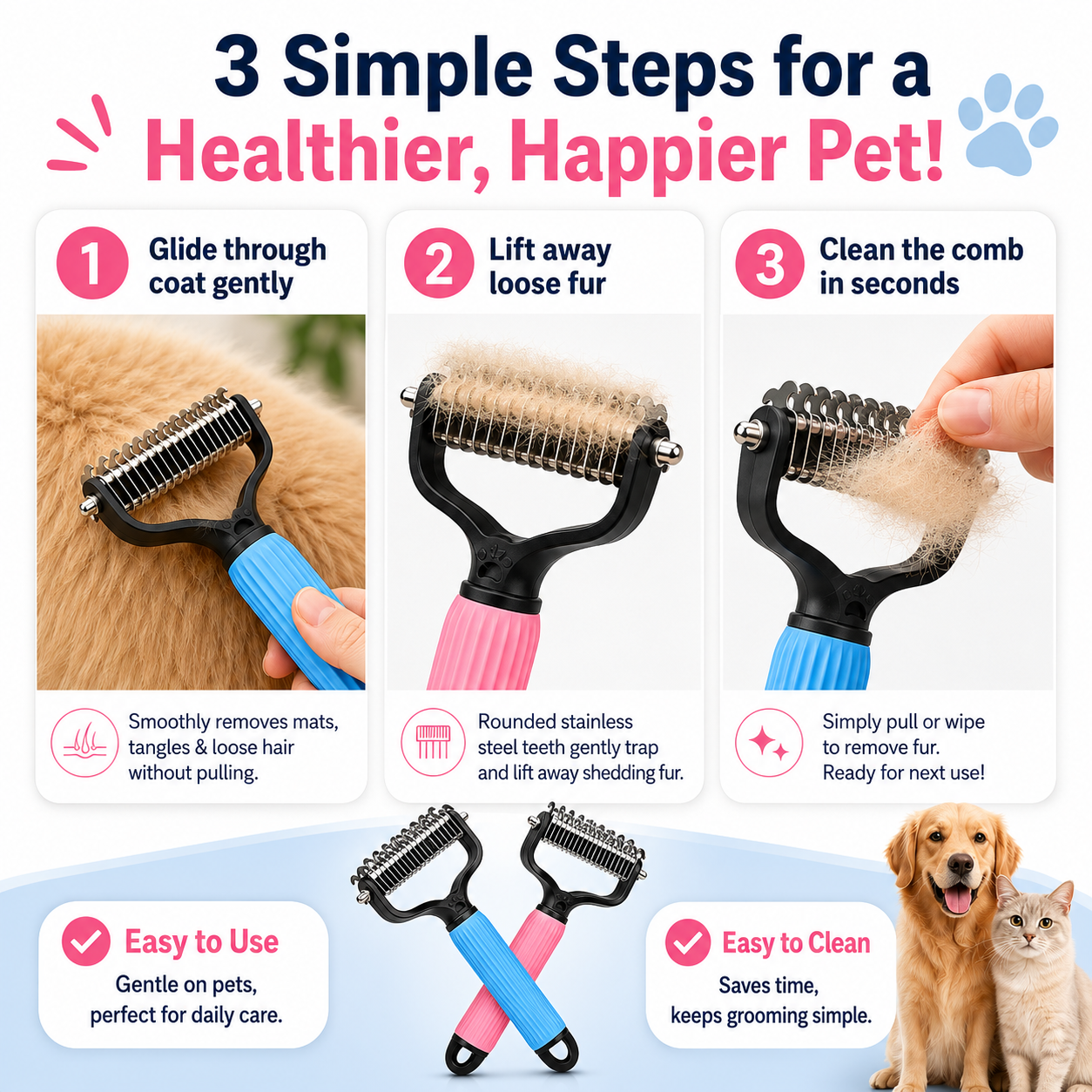 🔥 Vigorcurve® Dual-Sided Pet Grooming Rake 🐾Gentle De-Shedding & Detangling Comb for Dogs🐶 & Cats🐱2