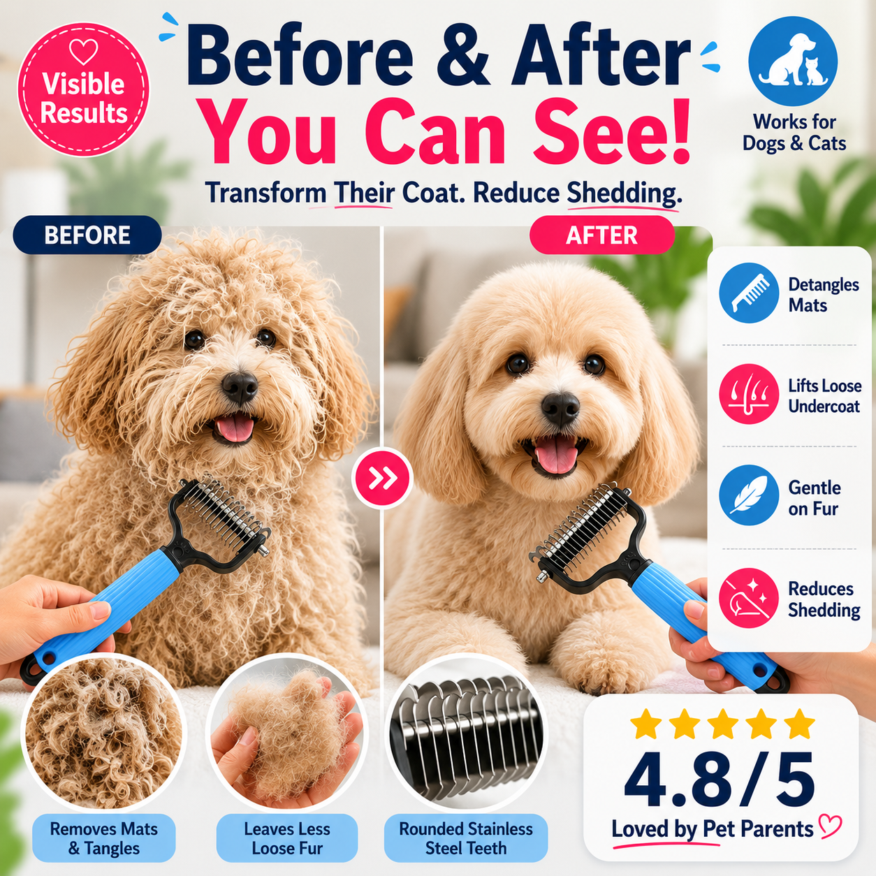 🔥 Vigorcurve® Dual-Sided Pet Grooming Rake 🐾Gentle De-Shedding & Detangling Comb for Dogs🐶 & Cats🐱2